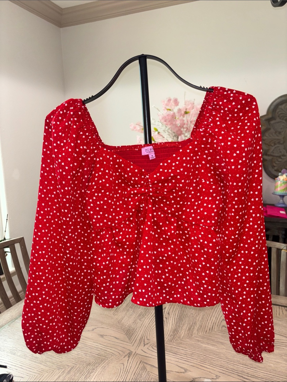 Red Heart-Print Square Neck Long-Sleeve Top